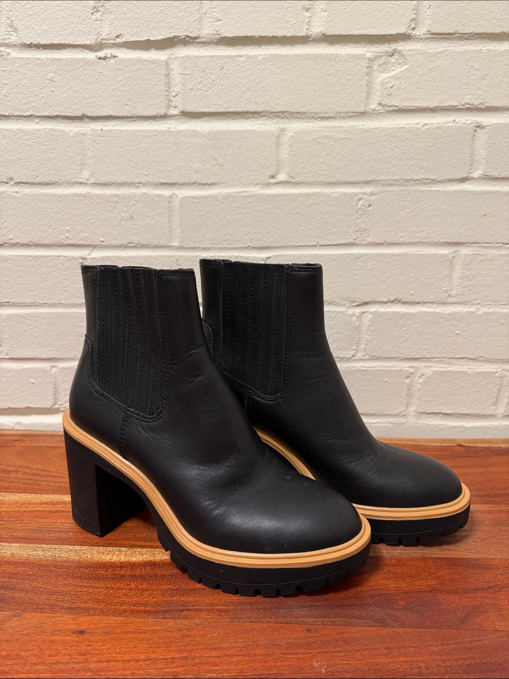 Dolce Vita Black Leather Platform Chelsea Booties with Tan Welt